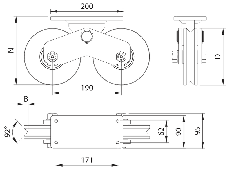 (339V-120) - 4-3/4" Twin V-Groove Surface Mount / Capacity for Doors up to 2650 lb (1200 kg) / 2 Bearings / w/Grease Zerk / Galvanized