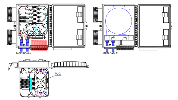 Fiber Termination Box, 16 Ports, IP65, Loaded with Splitter 1X8 SC/APC G657A1, 900 mm, 8 Adapters SC/APC. Black Color