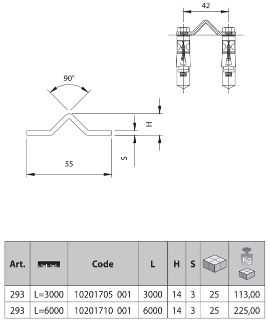 (293-10FT) - Bolt-On V-Track / 10ft (3m) / 2-1/8"W / 1/8"Th / Galvanized