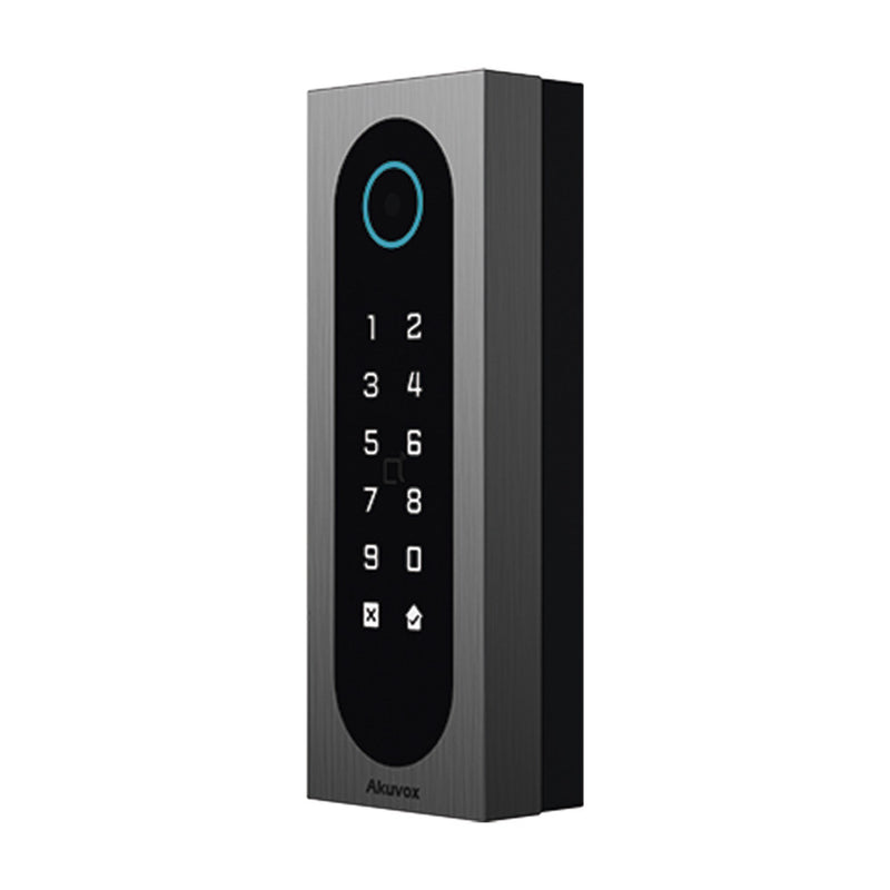 Slim Access Control Akuvox A08S / Aluminum and Tempered Glass / IP65 & IK09 / Capacity for 20,000 Cards / Multi Access Methods (QR, Bluetooth, PIN, RFID) / Supports Wiegand / 1 Relay Output