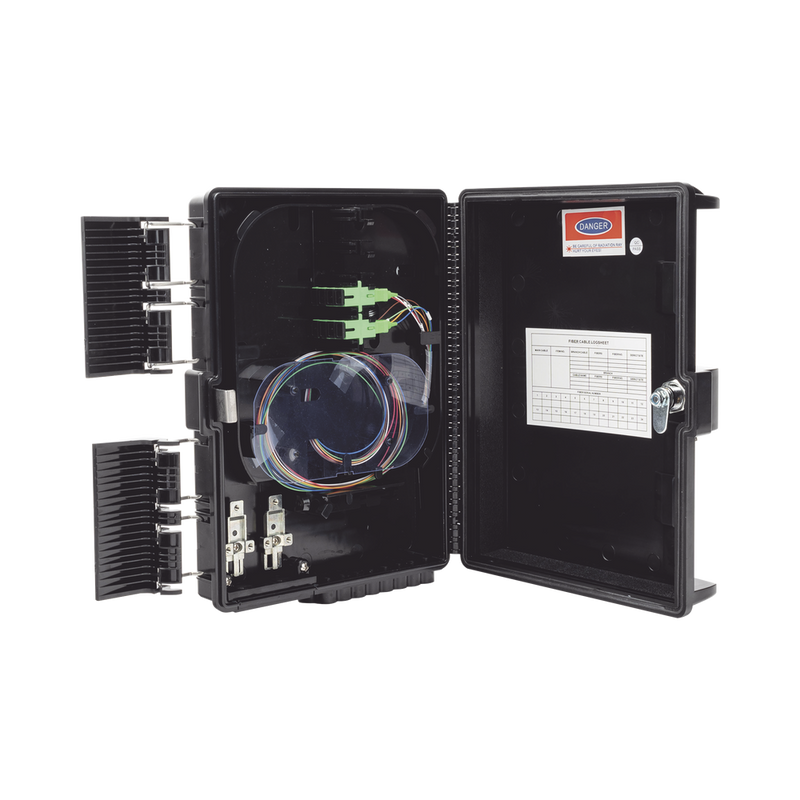 Fiber Distribution Box, 24 Splices, IP65, Black, Indoor/Outdoor, with 8 SC/APC adaptors and 1x8 splitter