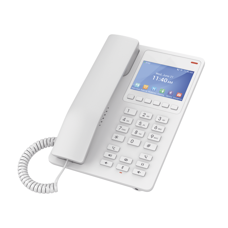 Hotel IP Phone with color LCD screen, 2 SIP lines with 2 accounts, Opus codec, IPV4/IPV6, white color, with cloud management GDMS.