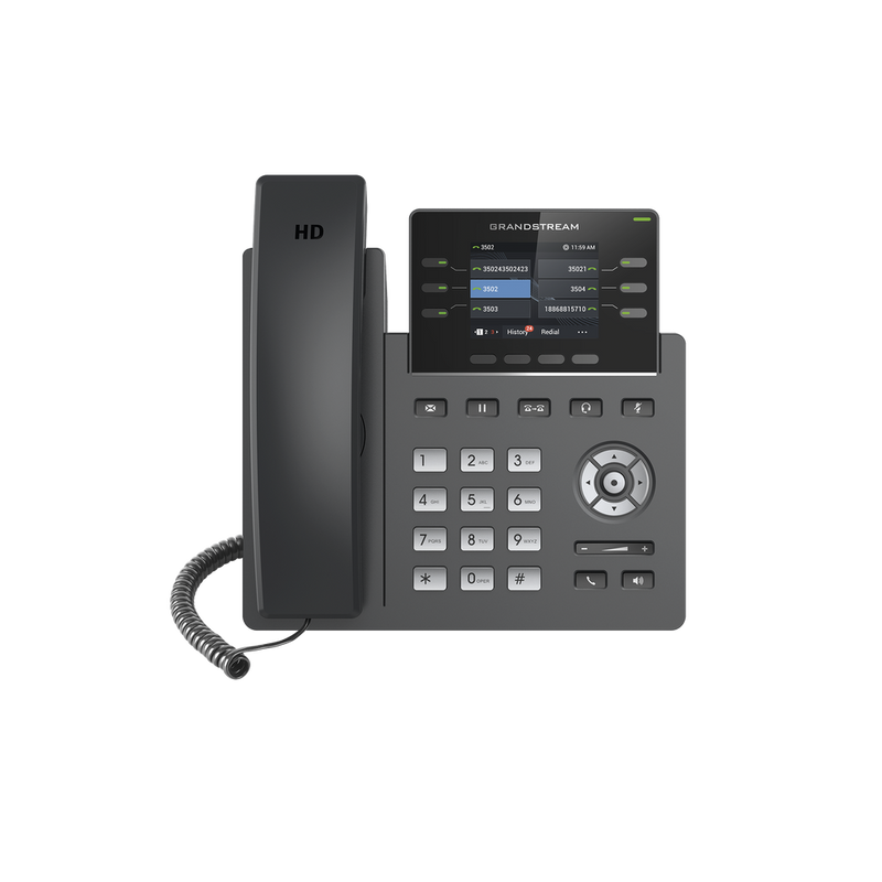 Operator-Grade IP Phone, 3 SIP lines with 6 accounts, Gigabit ports, PoE, 2.4' color display, Opus codec, IPv4/IPv6 with GDMS cloud management.