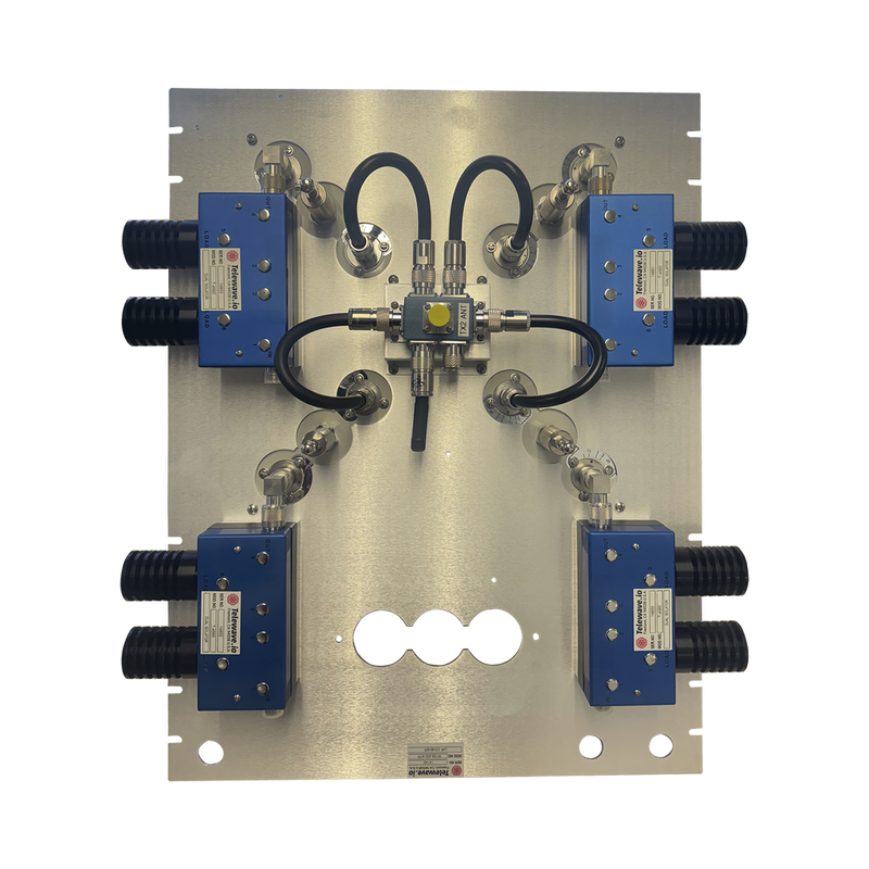 UHF Combiner in Panel for 19' Rack Mount, 400-512 MHz, 4 Channels (8' Dia.) 250 KHz Sep, 100/150 Watt, N Female.