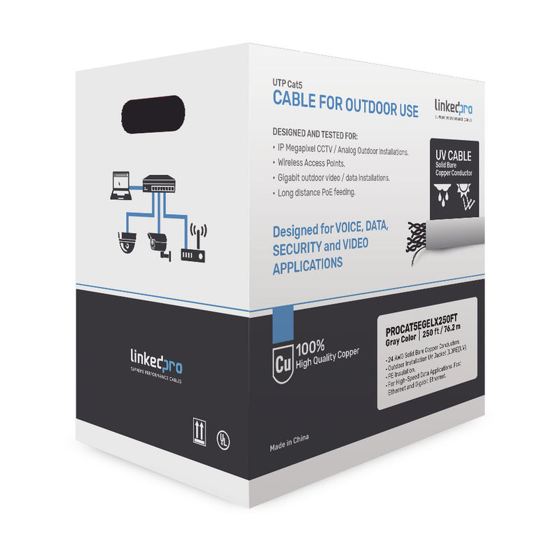 Reel CAT5e 250ft Cable Coil with Outdoor and Underground Gel, double jacket, UL, Black, for Video Surveillance Applications, and High-Speed Networks, Outdoor Use