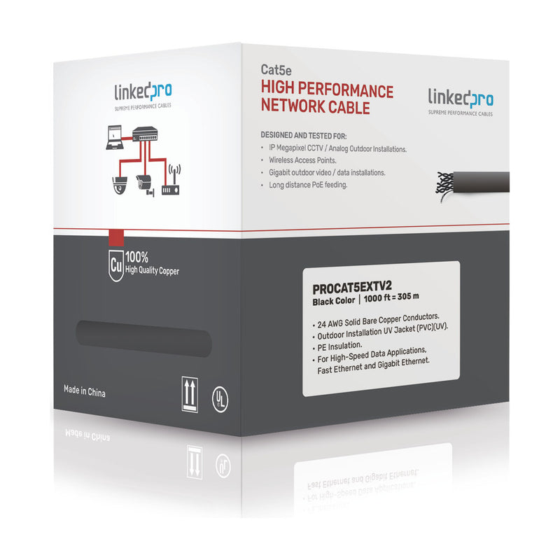 1000ft (305m) Cat5e Reel Outdoor Shielded (FTP) Ethernet Cable - 100% Solid Copper, UL Listed, Waterproof, Black - Easy-Pull Box