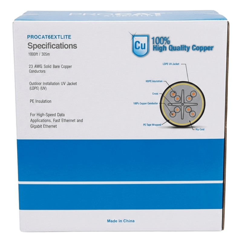 Cat6 UTP Outdoor Bulk Cable / 23 AWG Solid Copper / 1000 ft (305m) / UV-Resistant / PoE+ / CMX Rated / Black