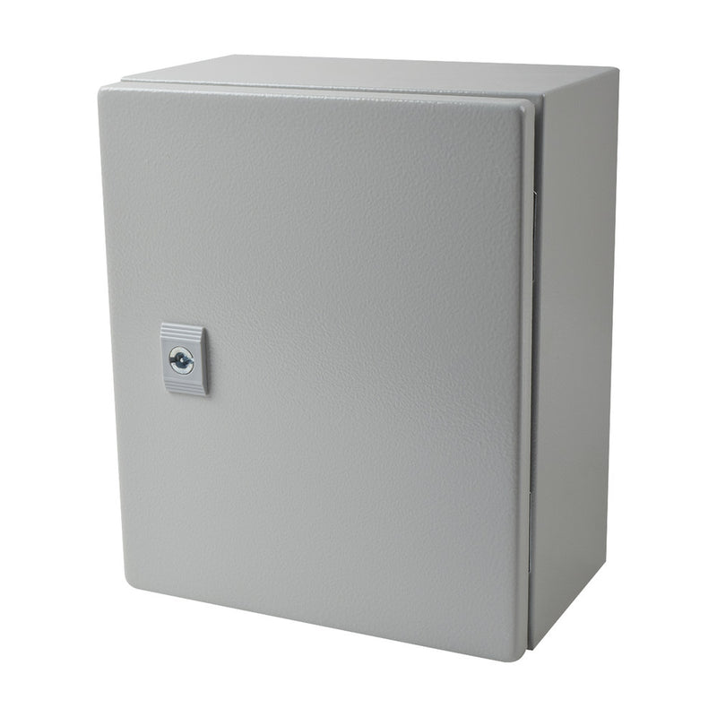 Steel Cabinet IP66 Outdoor (9.84 x 11.81 x 5.91 in) with Interior Back Cover and Lower Cover with Screws (Includes Lock and Key) and Metal Backplate for equipment assembly.