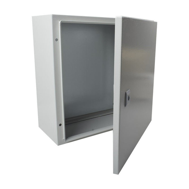 Single Door Wall Mount Enclosure (15.75 x 15.75 x 7.87 in) and Metal Backplate for equipment assembly.