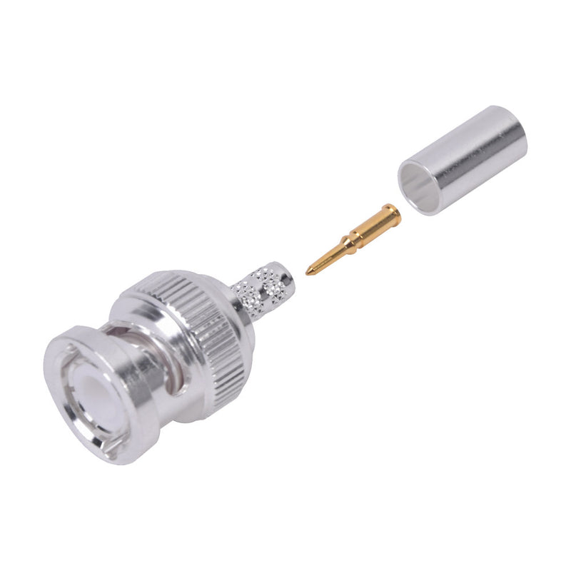 BNC Male Connector for crimping onto LMR-195, RG-58/U, and RG-142/U cables, Silver/Gold/PTFE.