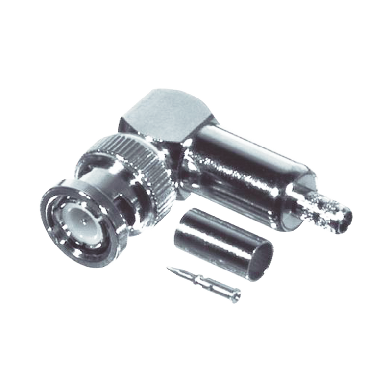 R/A BNC Male Connector to Crimp on RG-58/U, RG-142/U Cables, Nickel /Gold /PTFE.