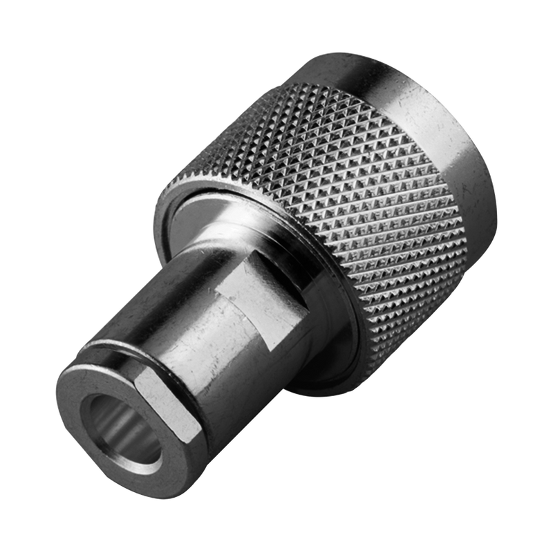 N Male Connector, Clamp for PROFLEX, Group P Cable, Silver/Gold/PTFE.