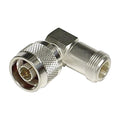 Right Angle Adapter from N Male to N Female Connector, Silver/ Gold/ PTFE.