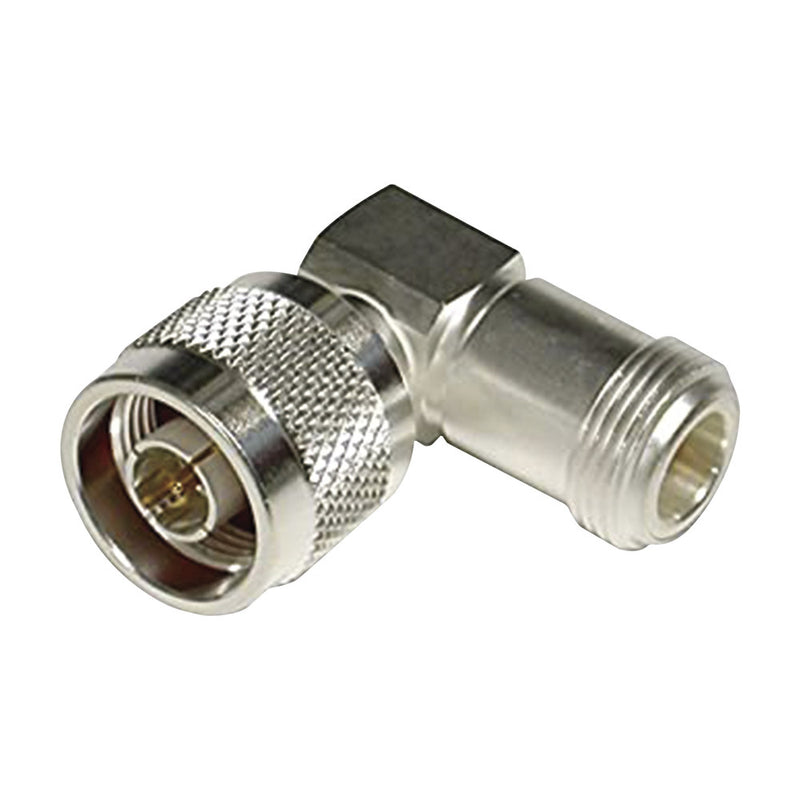 Right Angle Adapter from N Male to N Female Connector, Silver/ Gold/ PTFE.