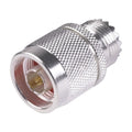 Adaptador recto de conector N macho a UHF hembra (SO-239), plata/oro/PTFE.
