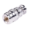 50 Ohm In-Line Straight Adapter, from N Female Connector to BNC Male, Silver / Gold / PTFE.