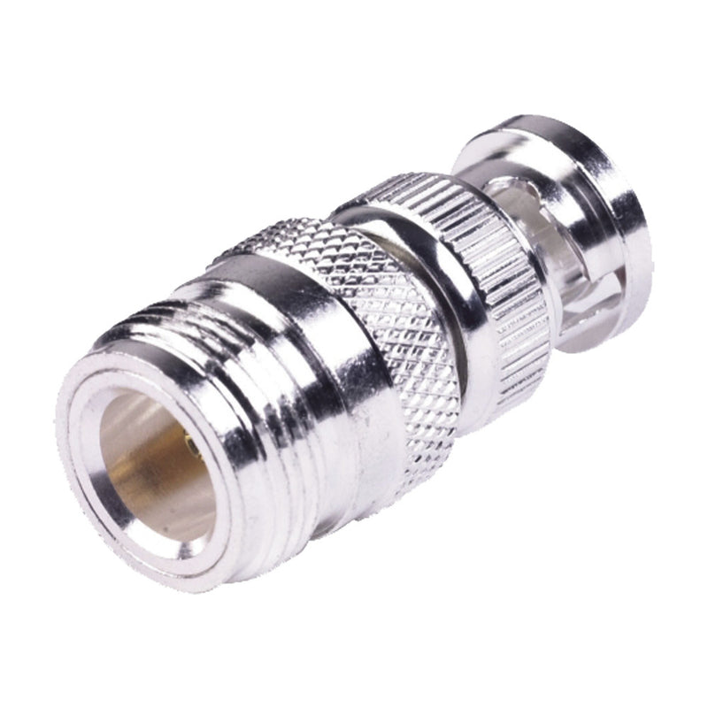 50 Ohm In-Line Straight Adapter, from N Female Connector to BNC Male, Silver / Gold / PTFE.