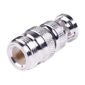 50 Ohm In-Line Straight Adapter, from N Female Connector to BNC Male, Silver / Gold / PTFE.
