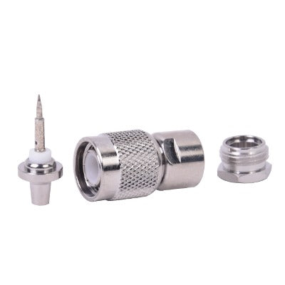 TNC Straight Male Connector to Clamp on RG-58/U and Group C 50 Ohm Nickel/ Silver/ Delrin.