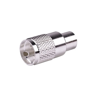 UHF Male Connector (PL-259) for RG-8/U, 8237, RG-8U-SYS, 8267, 8268, 9913, RFLASH-1113, 8214, CTN-400, LMR-400 cables, Silver (Nickel on Shell)/ Silver/ D.A.P. (Mineral and Synthetic Fiber).