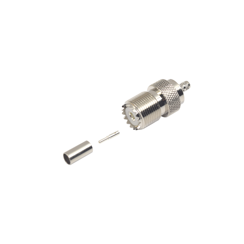 UHF Female Connector (SO-239) for Crimp on RG-58/U, RG-142/U Cables, Nickel/ Silver/ Delrin.