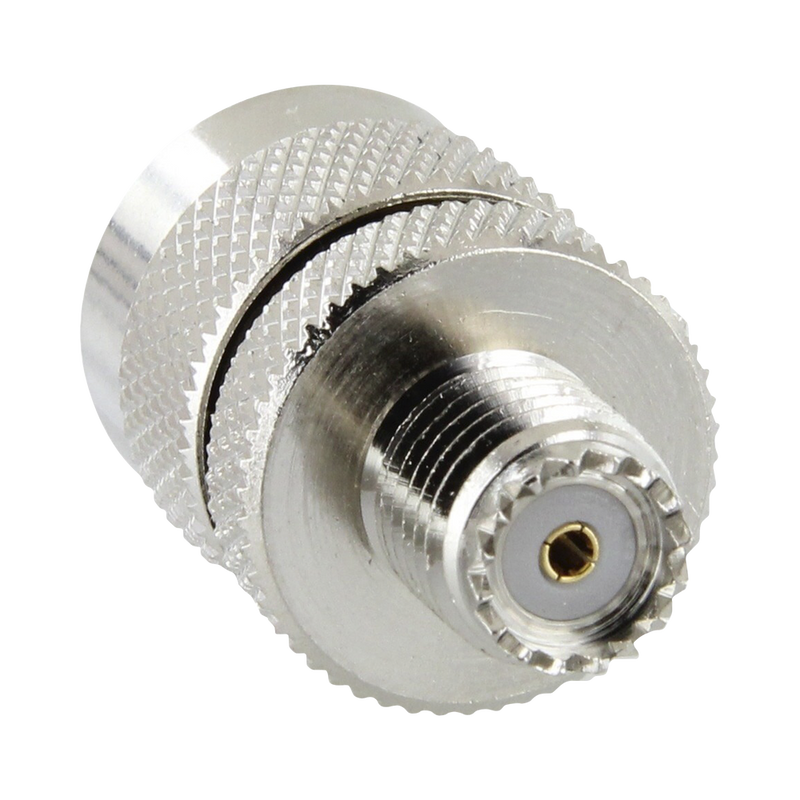 Adaptador recto de Mini UHF hembra a UHF macho (PL-259), níquel/oro/PTFE.