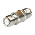 Straight Barrel Adapter, from Mini-UHF Female Connector to Mini-UHF Female, Nickel/ Gold/ PTFE.