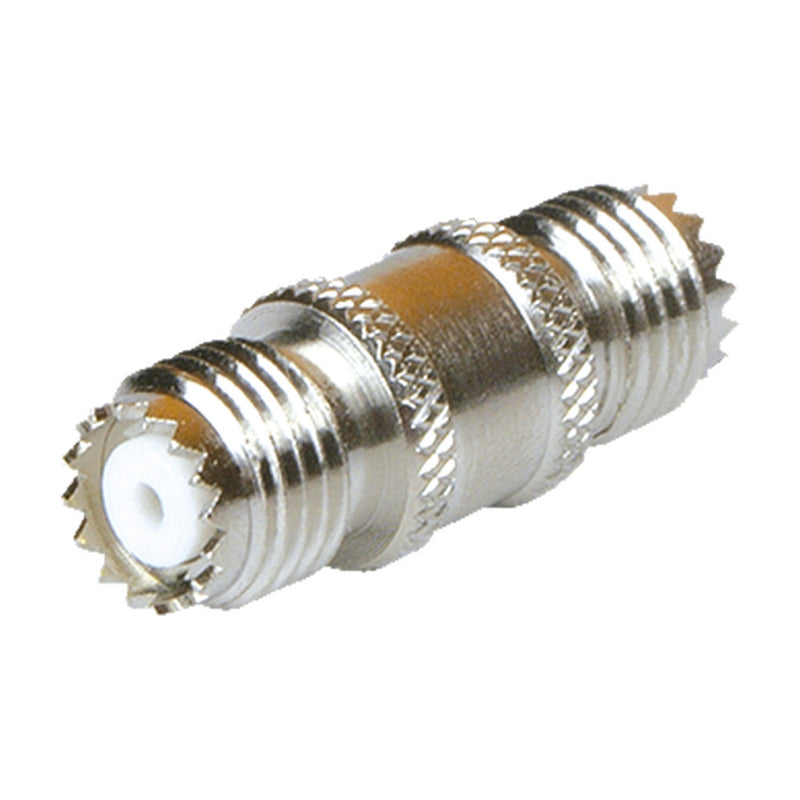 Straight Barrel Adapter, from Mini-UHF Female Connector to Mini-UHF Female, Nickel/ Gold/ PTFE.