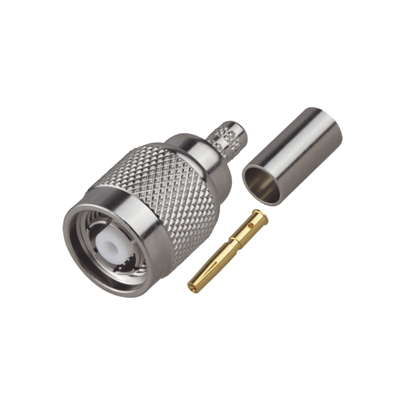 Reverse Polarity TNC Male Connector to Crimp on RG-58/U Cable, Nickel/ Gold/ PTFE.