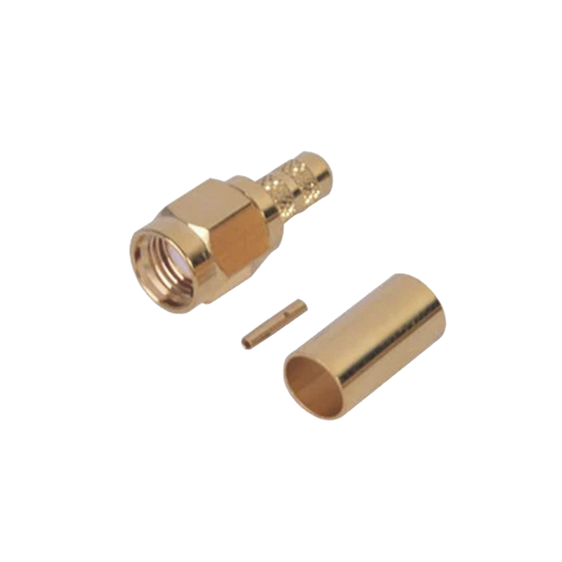 Reverse Polarity SMA Male connector for RG-142/U cable crimp, Gold/Gold/PTFE.