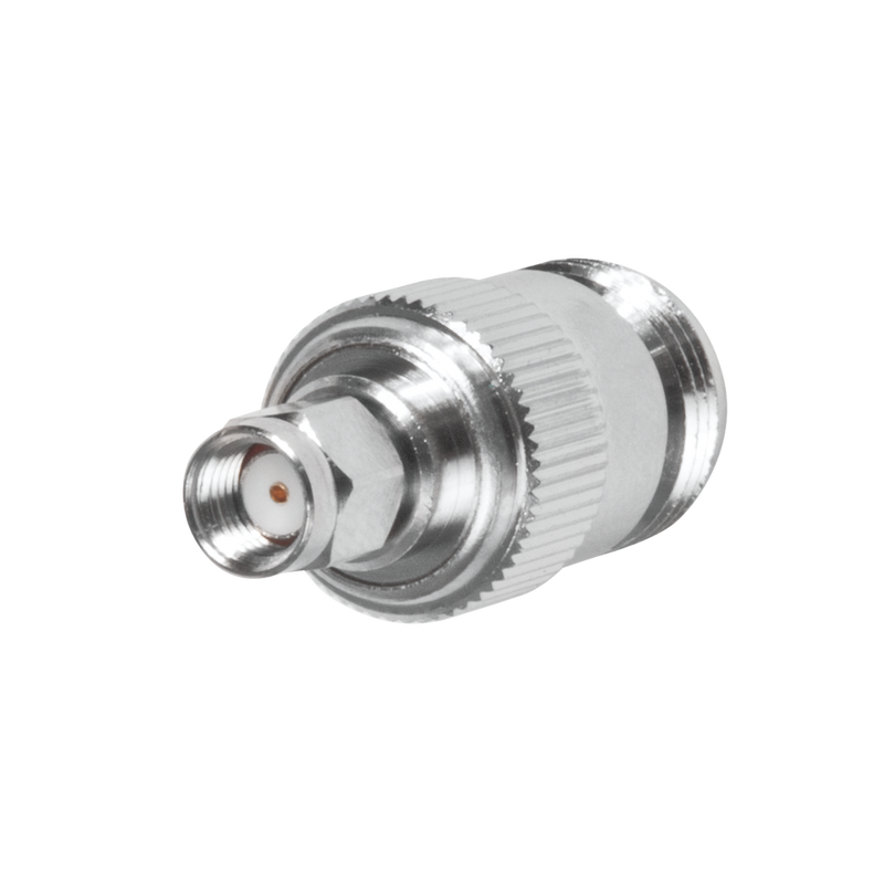Adaptador recto, de conector macho SMA de polaridad invertida a hembra N, níquel/oro/PTFE.