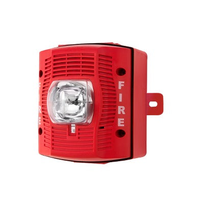 Red, outdoor speaker strobe for wall installations with selectable strobe settings