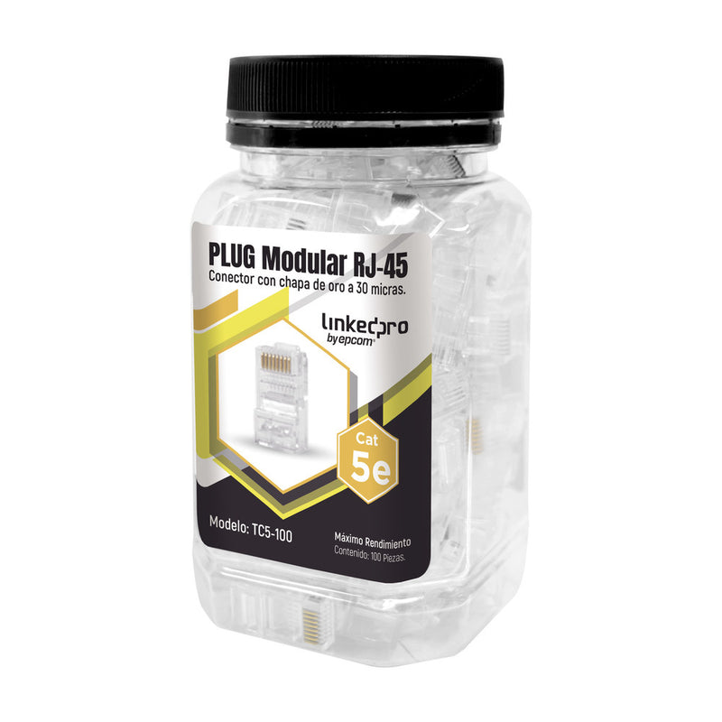 100-Piece Jar of RJ45 Cat5e Modular Unshielded Plugs, 30-Micron Gold Plated for Extreme Durability