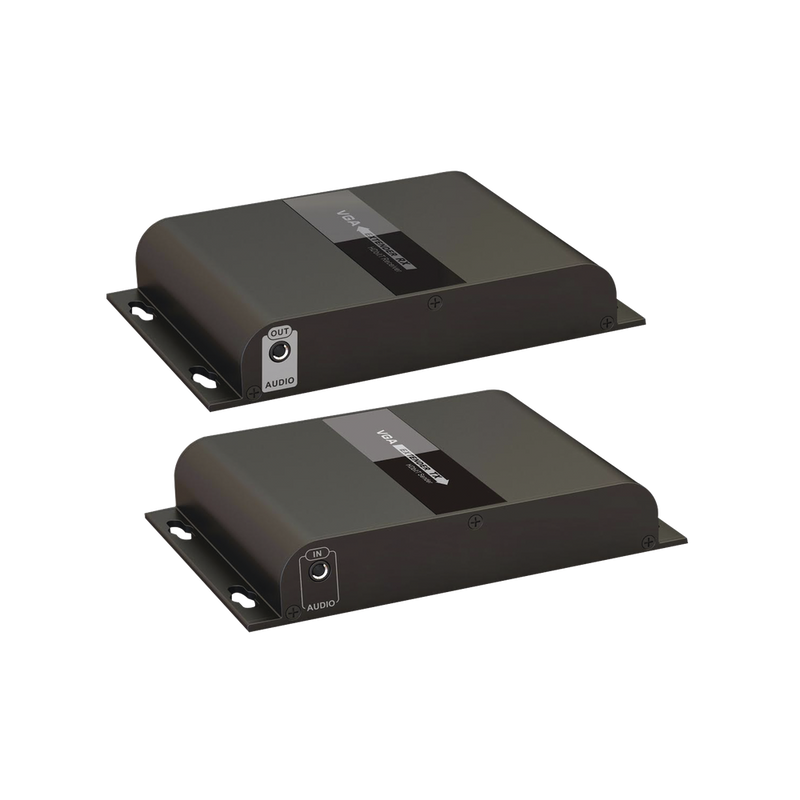 VGA Extender Kit over Cat 5e/6 network cable / Resolution 1080P @60Hz / Transmission distance 100 m with Cat5e and 120 m with Cat6. / 3.5mm audio jack / Output resolution indicator / Power supply included.