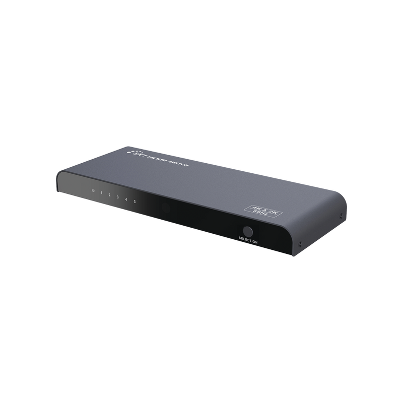 Switch HDMI Switch from 5 inputs to 1 output / 4K @ 60Hz / HDMI 2.0 / HDCP 2.0 / HDMI 3D / Supports standard audio, DSD (Direct Stream Digital) and HD (HBR) audio / Different switching modes, Manual, Remote Control and RS232.