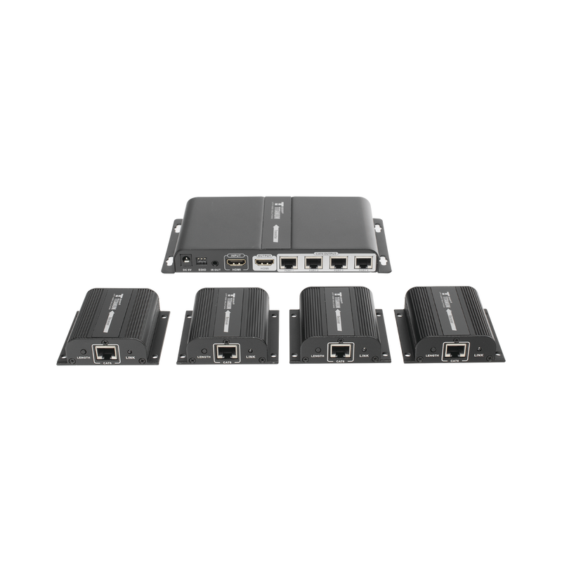 HDMI Splitter and Extender Kit (Extender Splitter) / Splits 1 HDMI Source to 4 Screens / Extends the HDMI signal up to 40 m / 1080P Resolution @ 60 Hz / Cat 6/6a/7 / Zero Latency / Loop Output on Tx / IR / Power only the Tx (PoC).