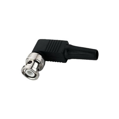 Conector BNC macho de 75 ohmios en ángulo recto con base de plástico de alivio de PVC para cables coaxiales RG-59/RG-6.