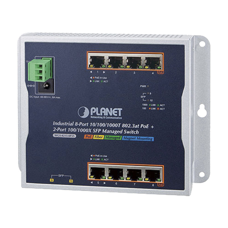 Industrial 8-Port 10/100/1000T 802.3at PoE + 2-Port 100/1000X SFP Wall-mount Managed Switch