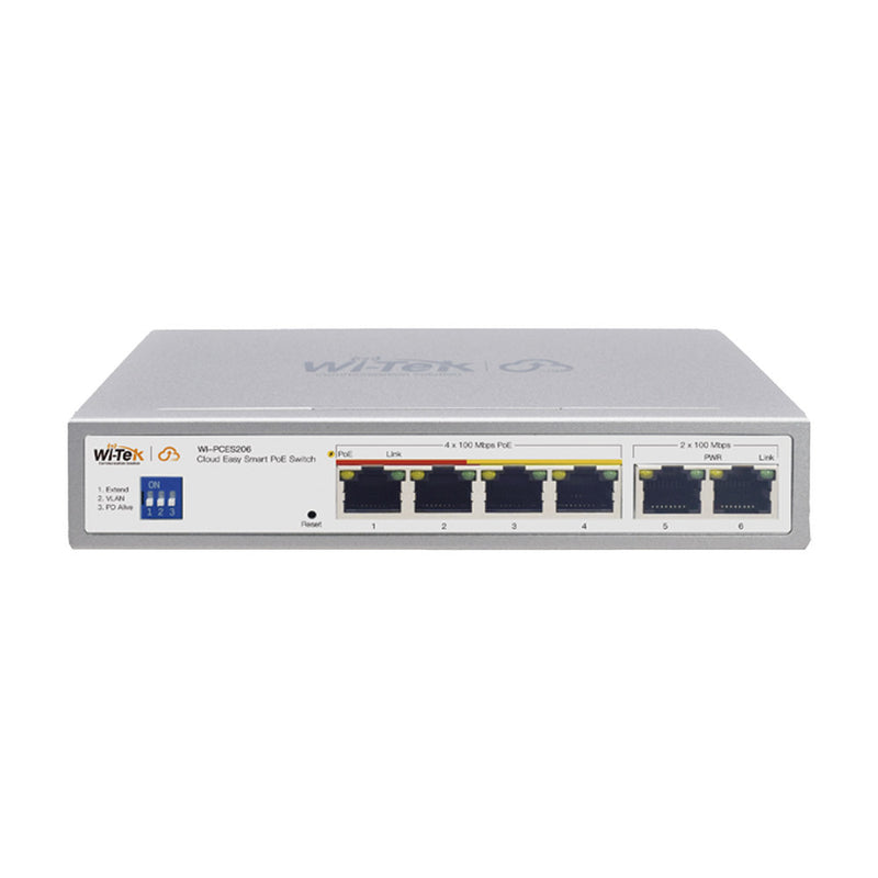 Cloud Easy Smart 250m PoE Switch, 4 FE PoE Ports + 2 FE Ports, Port1-2: Hi-PoE, Port3-4: 802.3af/at, 60W, Support Wi-Tek Cloud Management and Mobile APP Remote Maintenance