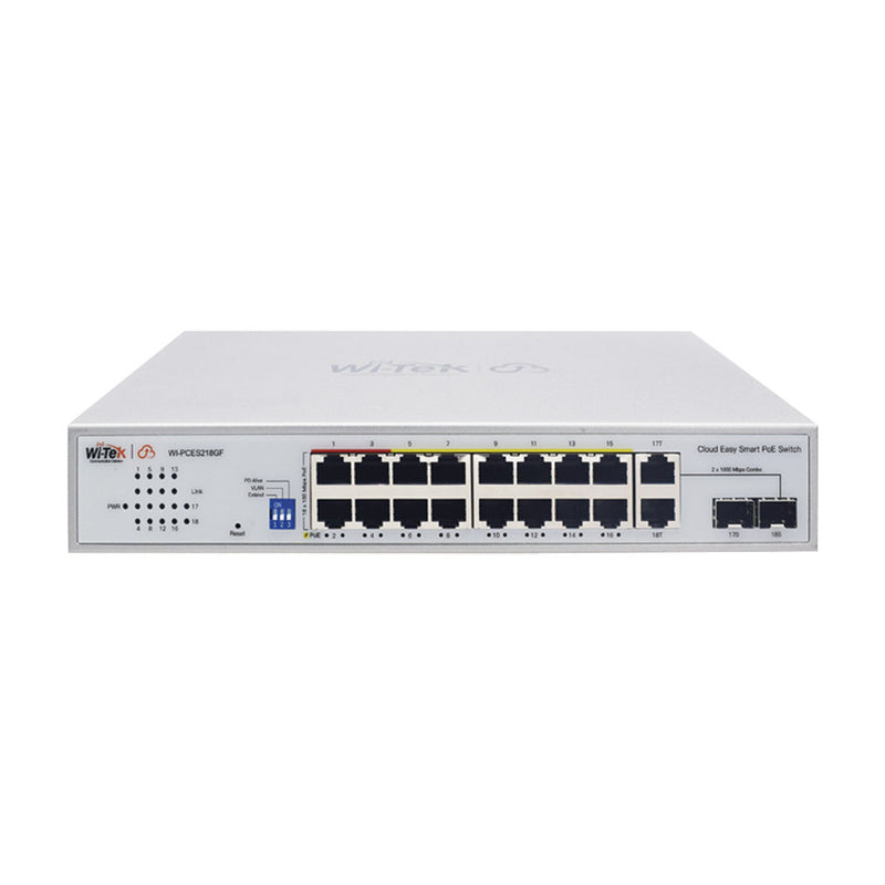 Cloud Easy Smart 250m PoE Switch, 16 X 10/100Mbps RJ45 PoE Ports, 2*1000Mbps Combo SFP, Port 1-4: 802.3af/at/bt, Port5-16: 802.3af/at, Total PoE Power Budget Is 250W, Support Wi-Tek Cloud Management, Mobile APP Remote Maintenance