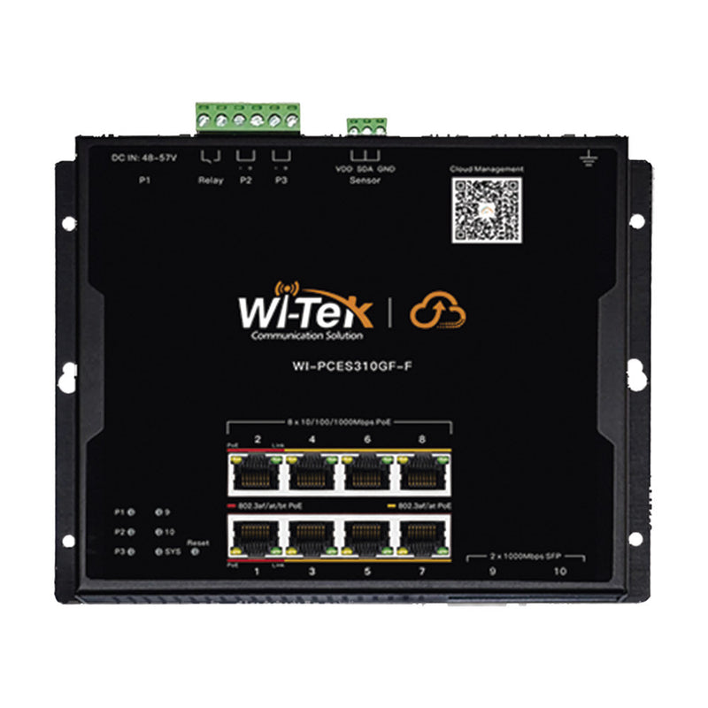 Flat Design Cloud Easy Smart PoE Switch, 8 GE PoE Ports and 2 SFP Ports, Ports 1-2: 802.3 af/at/bt PoE, Ports 3-8: af/at PoE, Compatible with Wall Mounting, Magnetic Mounting, or DIN-Rail Mounting, Manageable via Wi-Tek Cloud and Mobile App