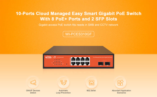 8-Port Smart PoE Switch with 8 PoE+ and 2 SFP ports, cloud-managed, with automatic loop prevention and real-time alerts