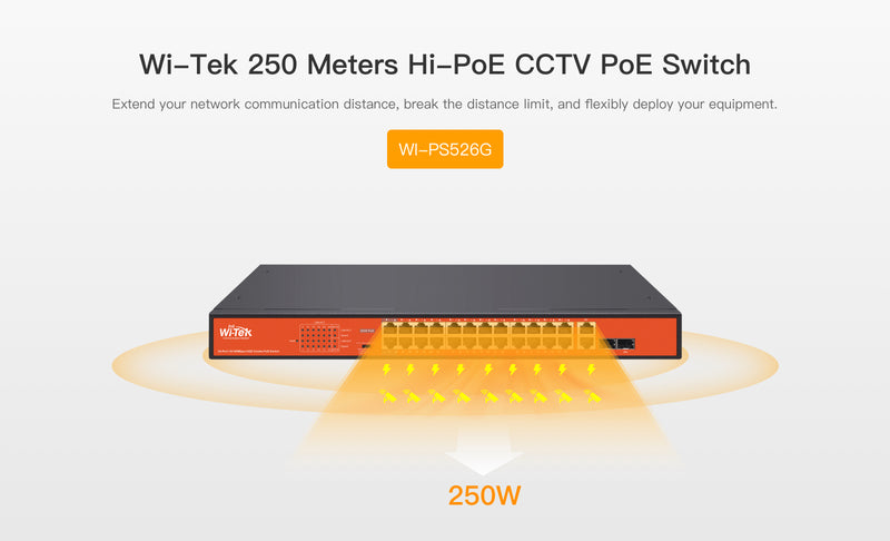 24-Port PoE CCTV Switch with Hi-PoE - 60W Ports, 2x SFP Combo, 250m Long-Range, Plug & Play