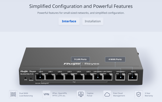 10-Port Gigabit Cloud Managed PoE Router, 8 PoE+ Out, Up to 200 Users, 600Mbps, High Reliability and Load Balancing Through WAN Ports