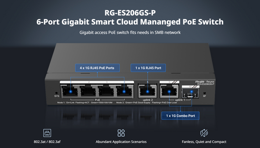 Gigabit Smart Cloud Managed PoE Switch, 6 Gigabit Ports, 4 PoE+ 802.3af/at Gigabit Ports, 1 Gigabit Uplink Port, 1 Combo SFP/GigabitEthernet  Uplink Port, Free Cloud Management, 54W