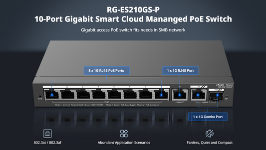 Managed PoE Switch with 8 Gigabit PoE 802.3af/at Ports + 1 Gigabit Uplink Port + 1 Combo SFP/RJ45 Gigabit Port, Free Cloud Management, 120W