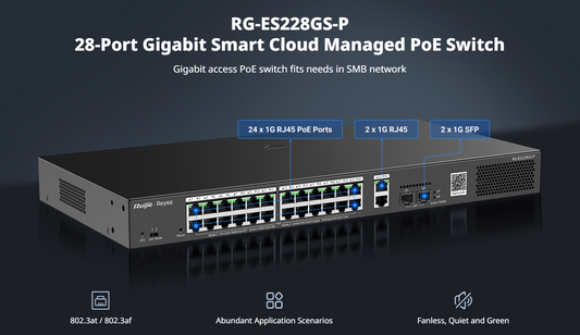 28-Port Gigabit Smart Cloud Managed PoE Switch, 24 PoE+ Ports, 2 RJ45 Ports, 2 SFP Ports, 370W, IP Camera Recognition, Unique Value for CCTV Network