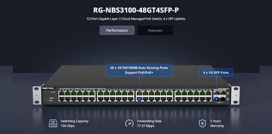 52-Port Gigabit Layer 2 Cloud Managed PoE Switch, 48 Gigabit PoE+ Ports and 4 SFP, 370W, Multiple Security Policies Protect Your Network, Lifetime Management on Ruijie Cloud at Anytime, Anywhere