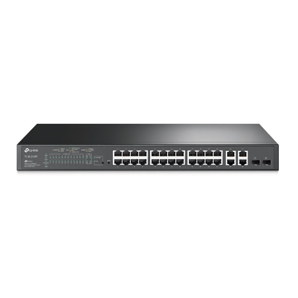 Switch PoE+ JetStream SDN Manageable 24-Port 10/100 Mbps + 2 puertos 10/100/1000 Mbps (Uplink) + 2 SFP Ports (Combo 2 RJ45 10/100/1000 Mbps), 250W, Centralized Management OMADA SDN