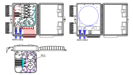 Fiber Termination Box, 16 Ports, IP65, Loaded with Splitter1X16 SC/APC G657A1, 900mm, 16 Adapters SC/APC. Black Color